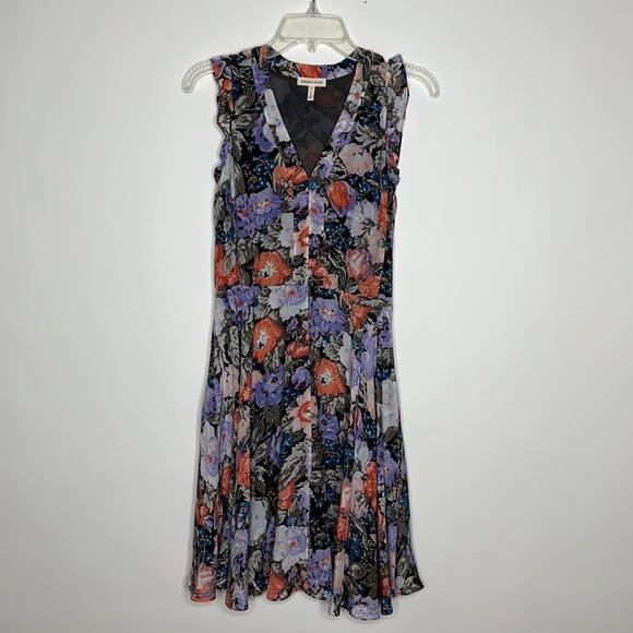 Rebecca Taylor V-Neck Silk Floral Ruffled Sleeve Dress Size 0 - Picture 3 of 9